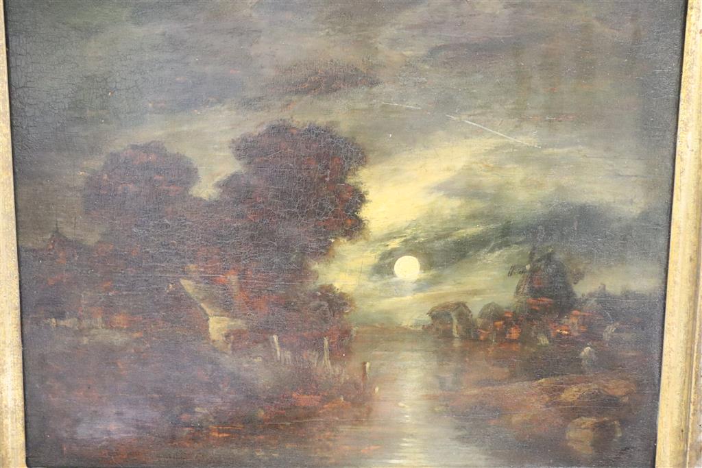 Norwich School, Moonlit landscape, oil on panel